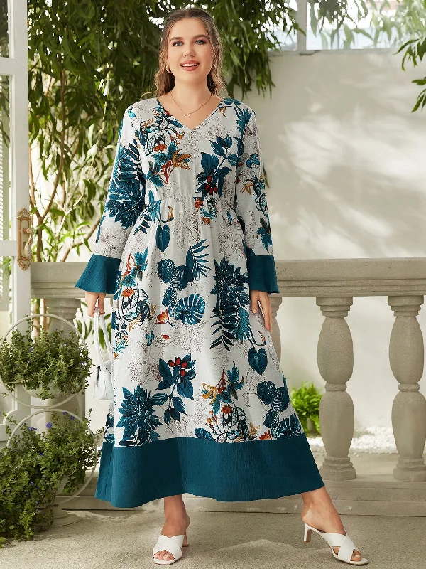 Elegant And Lazy Boho Tropical Long Sleeve V Neck Flared High Waist Maxi Plus Size Dress