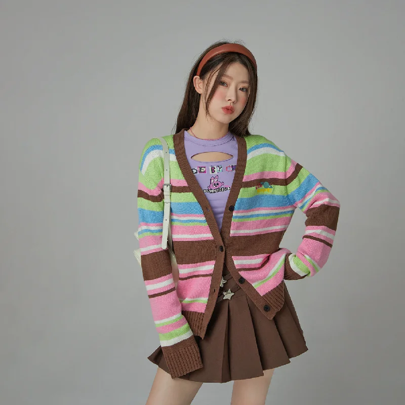 Simple Design Planet Chuu Embroidered Stripe Cardigan