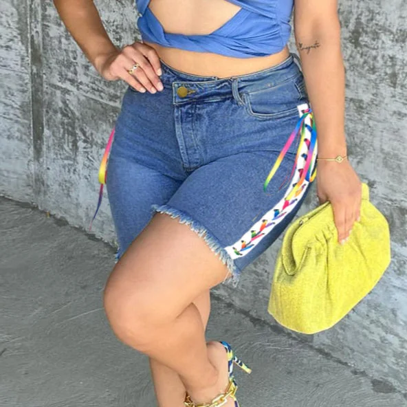 Retro Prints Women Side Tie-Up Middle Pants Wholesale Denim Shorts