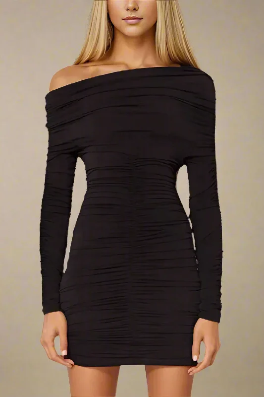Spring Fashion Alessandra Long Sleeve Wrap Bodycon Mini Dress - Classic Black