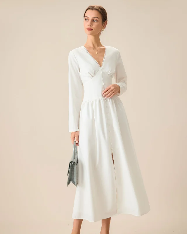 Comfortable And Casual White Ruched Button Maxi Dress