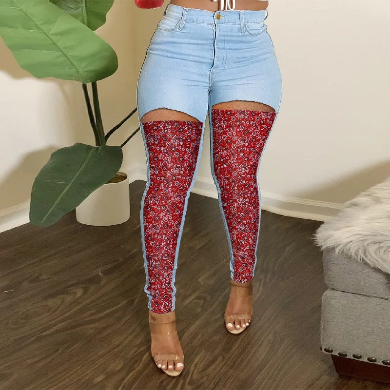 Layered Style Plus Size Women Pants Fashion Stitching Jeans
