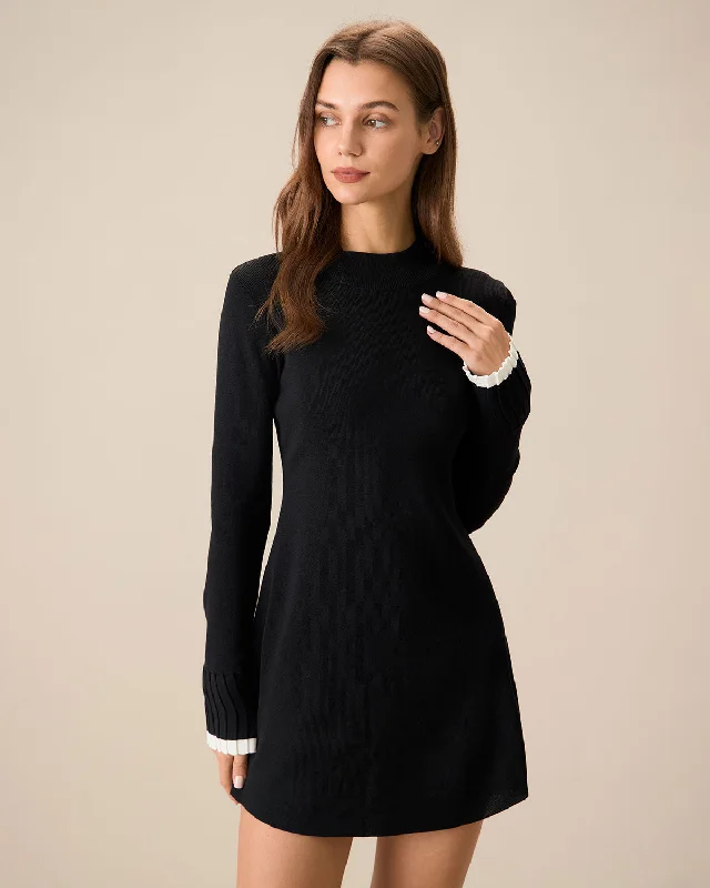 Noble Temperament Black Contrasting Long Sleeve Sweater Mini Dress
