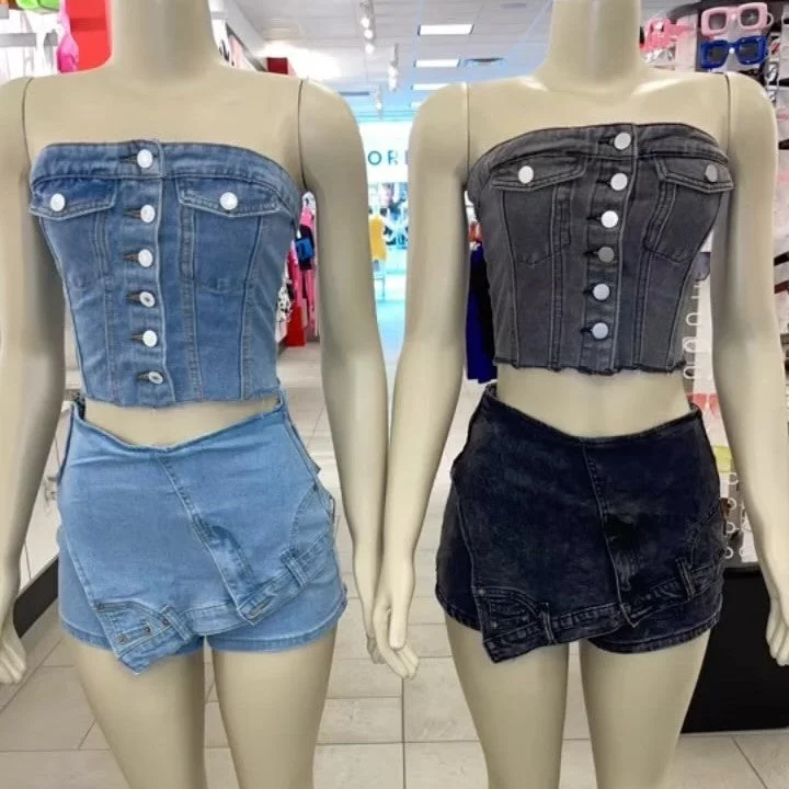Comfy Pants Denim Jean Outfit Set 2023 Button Down Jean Top with Denim Skorts for Ladies 2 Piece Denim Jean Set Women Two Piece