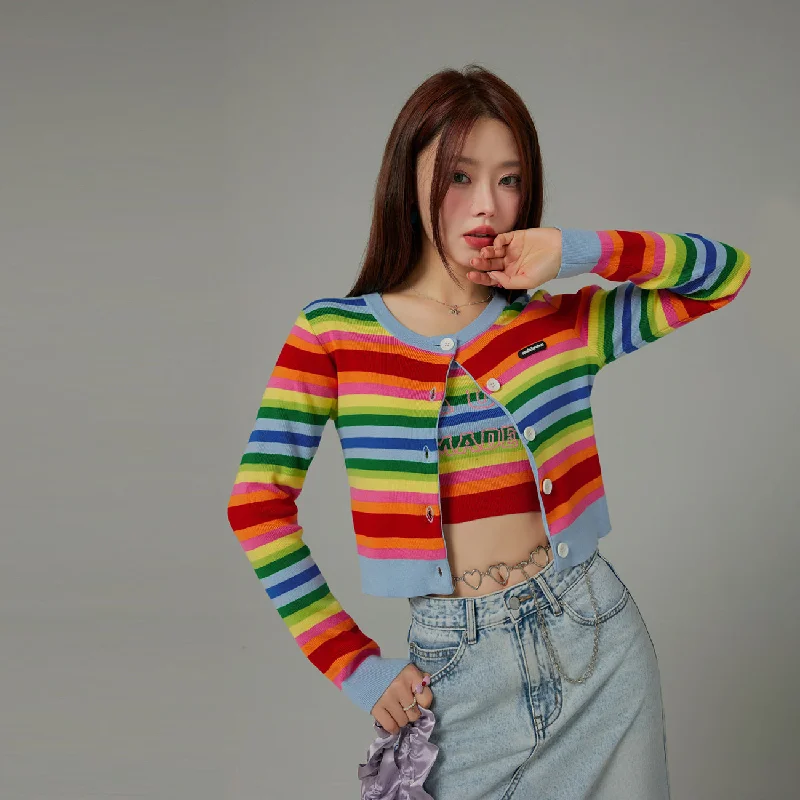 Elegant Series Rainbow Stripes Knit Button Cropped Cardigan