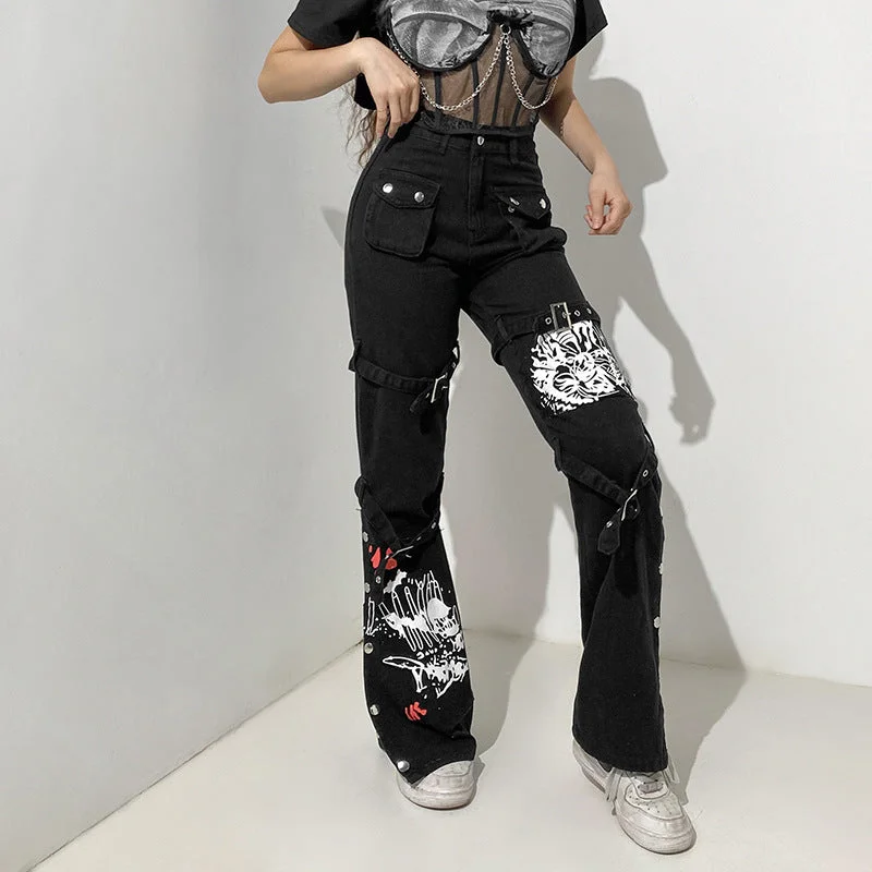 Breezy Style Printed Metal Buckle Wide Leg Wholesale Jeans