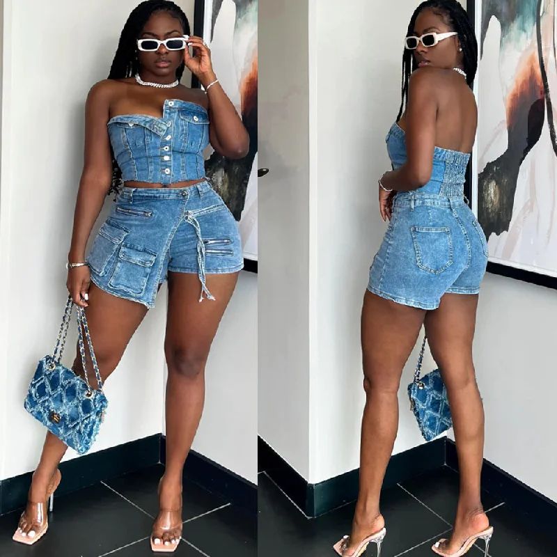 Soft Looks Ladies 2023 Trending Jeans Shorts Two Piece Outfits Stretch Jean Tube Top with Denim Cargo Skorts 2 Piece Set for Women Soft Looks Ladies 2023 Trending Jeans Shorts Two Piece Outfits Stretch Jean Tube Top with Denim Cargo Skorts 2 Piece Set for Women