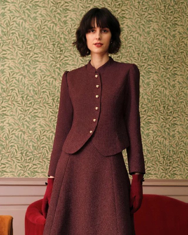 Ultra-lightweight Burgundy Retro Single-breasted Tweed Jacket