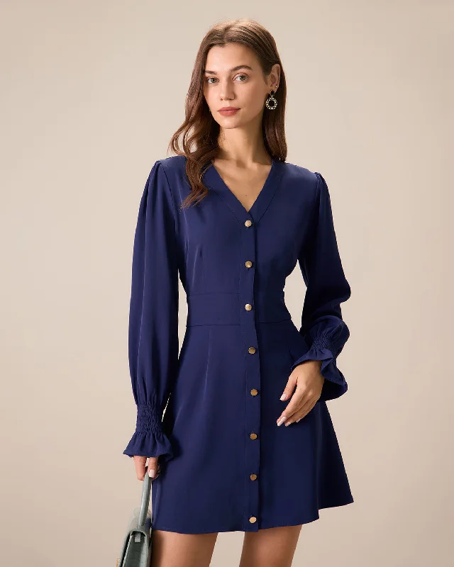 French Style Women's Navy Ruffle Long Sleeve Mini Dress