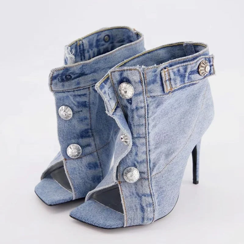 Fashion Must-have Summer Square Open Toe High-Heeled Short Boots Denim Ankle Booty Women Stiletto Sandals Front Buckles Jeans Shoes Fashion Must-have Summer Square Open Toe High-Heeled Short Boots Denim Ankle Booty Women Stiletto Sandals Front Buckles Jeans Shoes