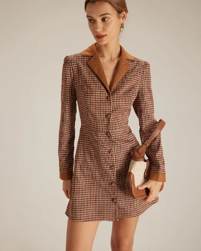 High-end Design The Brown Plaid Spliced Suede Mini Dress