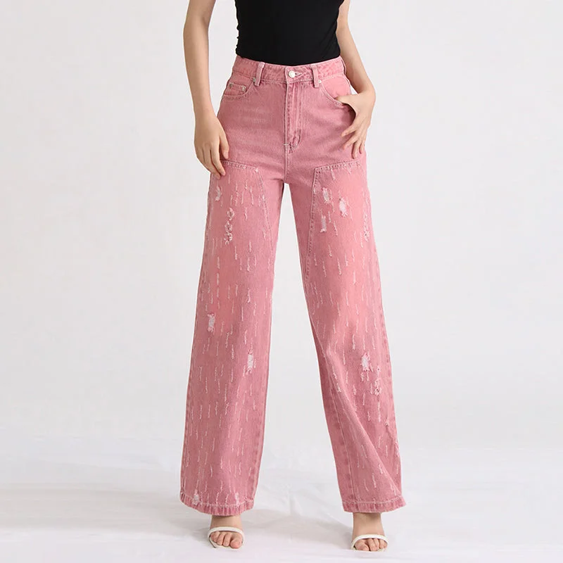 Personal Charm TWOTWINSTYLE 2023 High Waist Solid Color Patchwork Button Pink Jeans Pants For Women Personal Charm TWOTWINSTYLE 2023 High Waist Solid Color Patchwork Button Pink Jeans Pants For Women