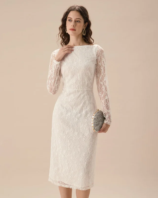 Comfortable And Simple White Lace Boat Neck Slit Midi Dress