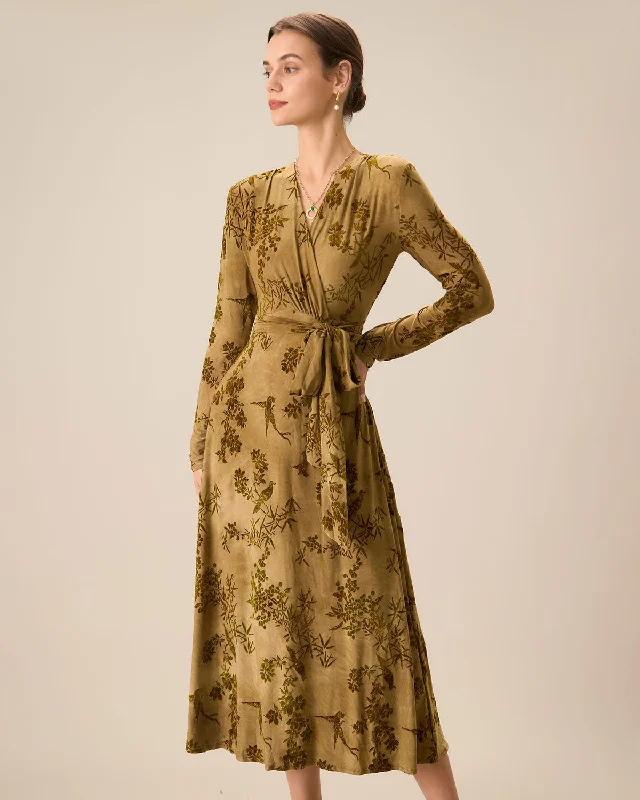 Windbreaker fashion Women's Yellow Ruched Wrap Midi Dress