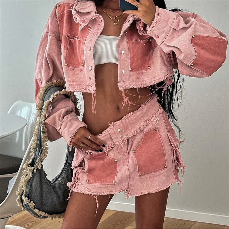 Weekend Wear W22s34163 Patchwork Crop Jacket And Mini Skirt Pink Denim Jeans Streetwear Loungewear 2 Piece Set Fall 2024 Women Clothes
