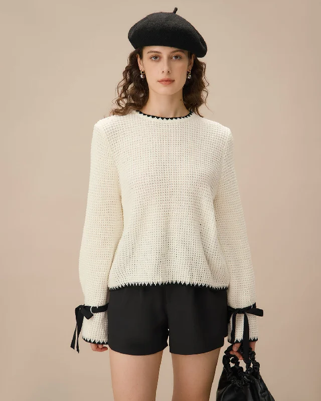 Romantic And Fresh Beige Contrasting Bell Sleeve Sweater