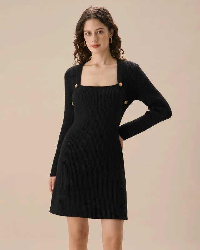 Spiritual Vitality Black Square Neck Button Sweater Dress