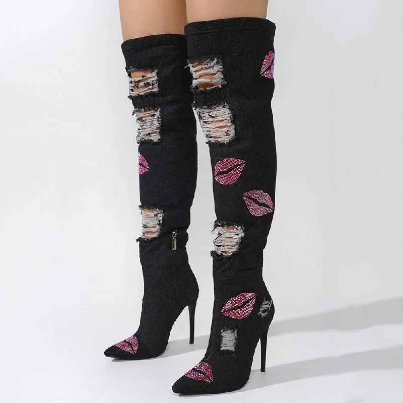 Trends Big Size 44 Women Distressed Denim Over Knee High Boots Ladies Skinny Heels Thigh High Shoes Rhinestone Lips Jeans Long Booties Trends Big Size 44 Women Distressed Denim Over Knee High Boots Ladies Skinny Heels Thigh High Shoes Rhinestone Lips Jeans Long Booties