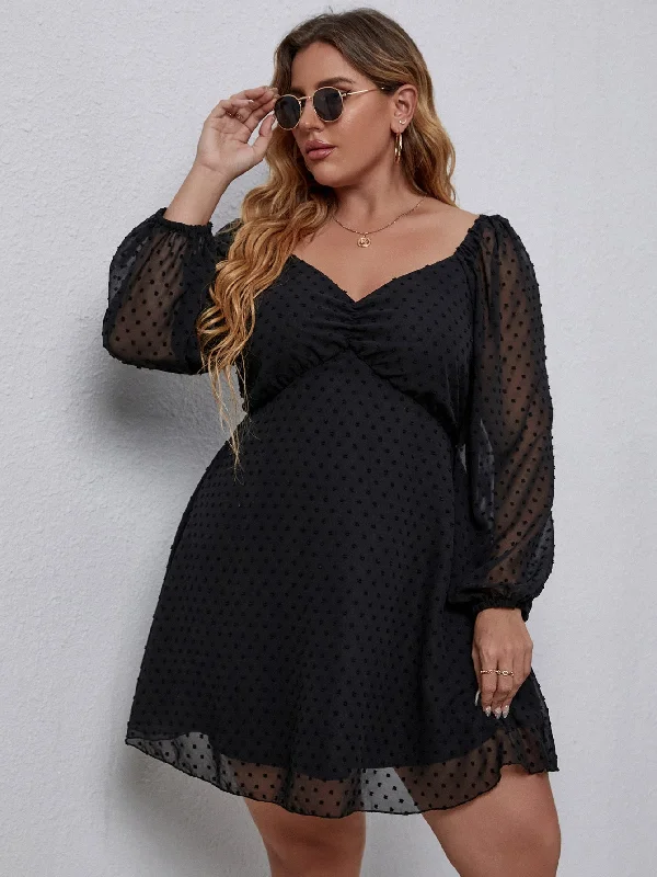 Exquisite Fabrics Elegant Plain Ruched Long Sleeve Sweetheart Flared High Waist Short Plus Size Dress Exquisite Fabrics Elegant Plain Ruched Long Sleeve Sweetheart Flared High Waist Short Plus Size Dress