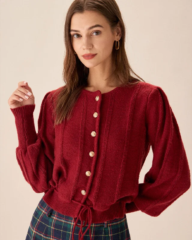 Soft And Comfortable Red Lantern Sleeve Single-Breasted Cardigan