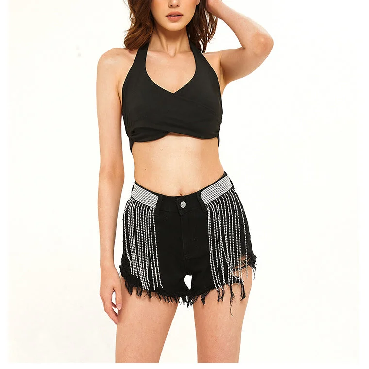 Fashion Concept Women High Waist Diamond Chain Frayed Black Denim Wholesale Jean Shorts Fashion Concept Women High Waist Diamond Chain Frayed Black Denim Wholesale Jean Shorts