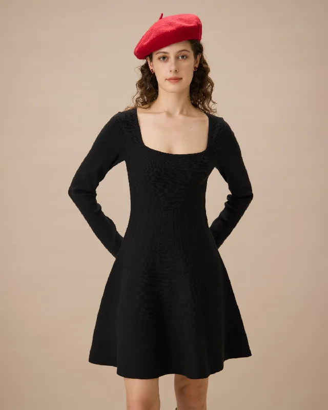 Street Charm Black Square Neck Ribbed Sweater Dress