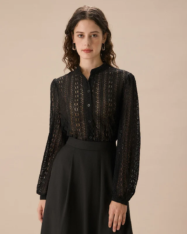 Body Design Black Lace Lantern Sleeve Blouse