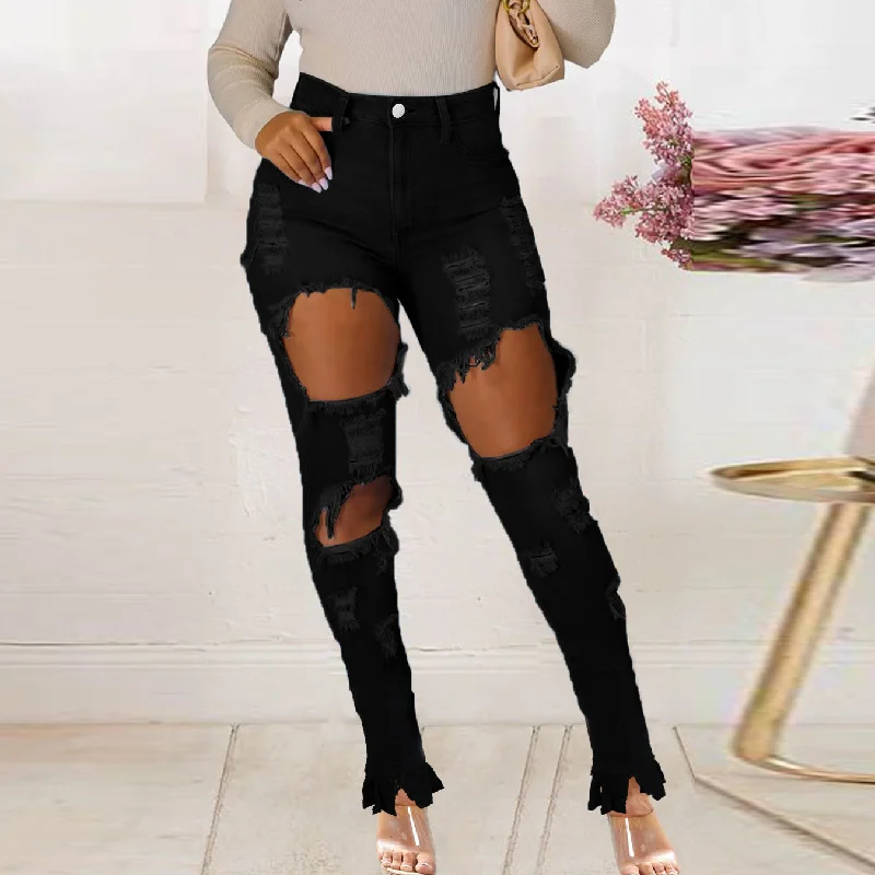 Light Comfort Ladies Denim Trousers Wholesale With Ripped Holes