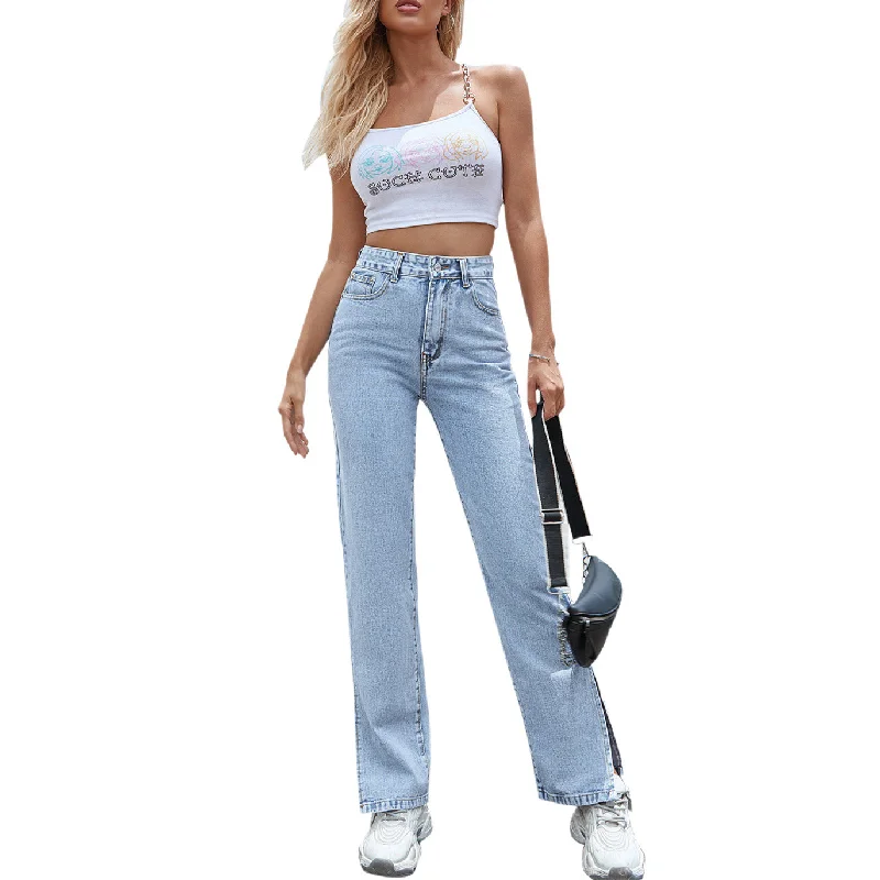 Casual Comfort Women Wholesale Wide-Leg Straight High-Waist Pants With Slits