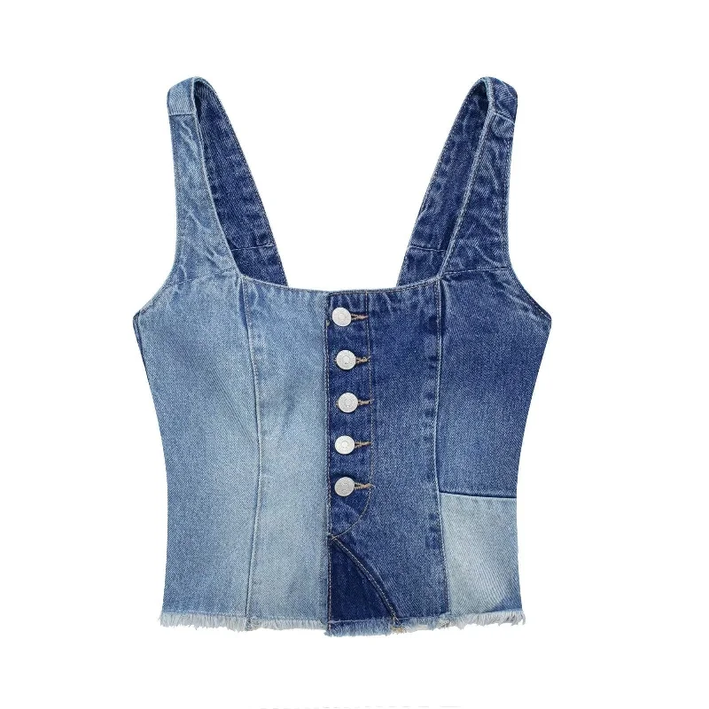 Relaxed Fashion Streetwear Fashion Unique Summer Simple Color Blocking Sexy Button Style Short Corset Denim Jeans Clothes Vest Women's Tank Top Relaxed Fashion Streetwear Fashion Unique Summer Simple Color Blocking Sexy Button Style Short Corset Denim Jeans Clothes Vest Women's Tank Top