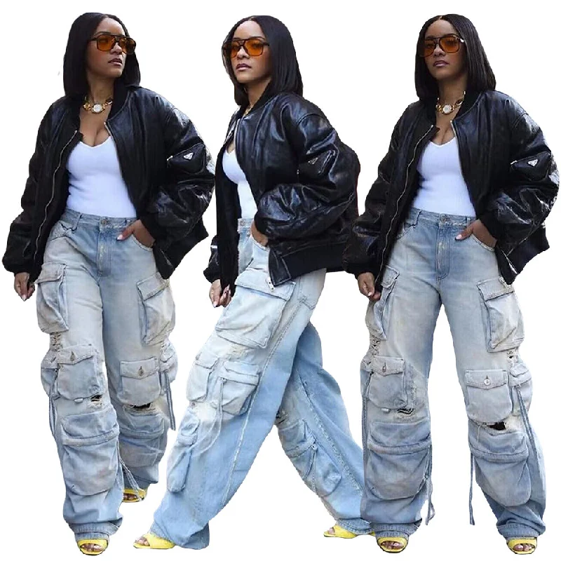 Weekend Style C2441 Hot selling fashion design retro casual multi pocket denim pants for women's jeans Weekend Style C2441 Hot selling fashion design retro casual multi pocket denim pants for women's jeans