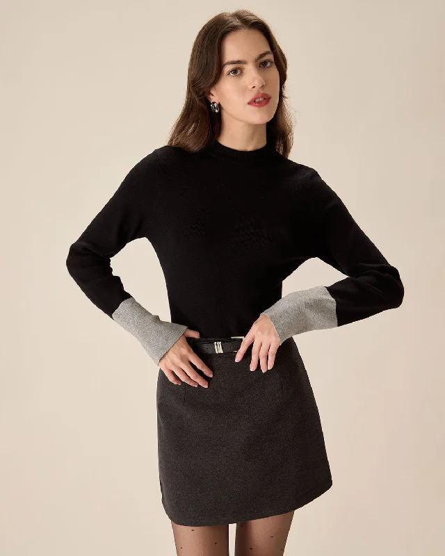 Elegant Temperament Black Contrasting Slim Knit Tee