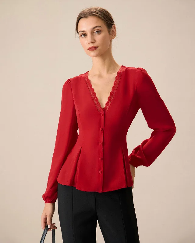 Feminine Charm The Red V Neck Lace Trim Button Blouse
