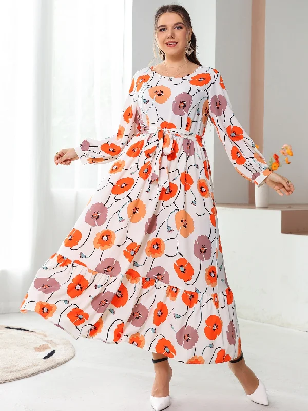 Independent design Boho All Over Print Ruffle Hem Long Sleeve Round Neck Flounce High Waist Long Plus Size Dress Independent design Boho All Over Print Ruffle Hem Long Sleeve Round Neck Flounce High Waist Long Plus Size Dress