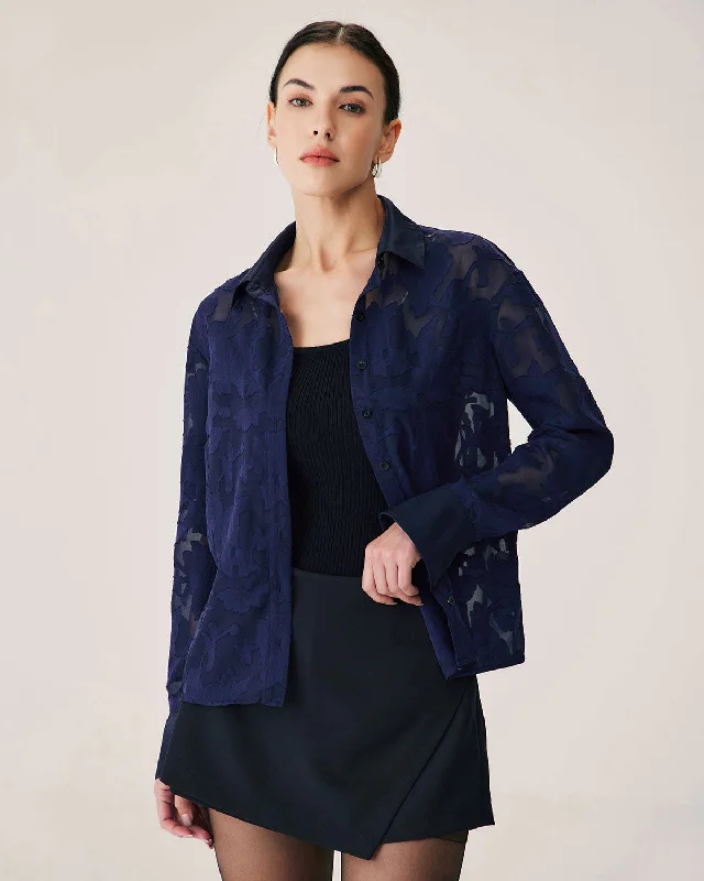 Elegant And Charming Navy Jacquard Long Sleeve Shirt
