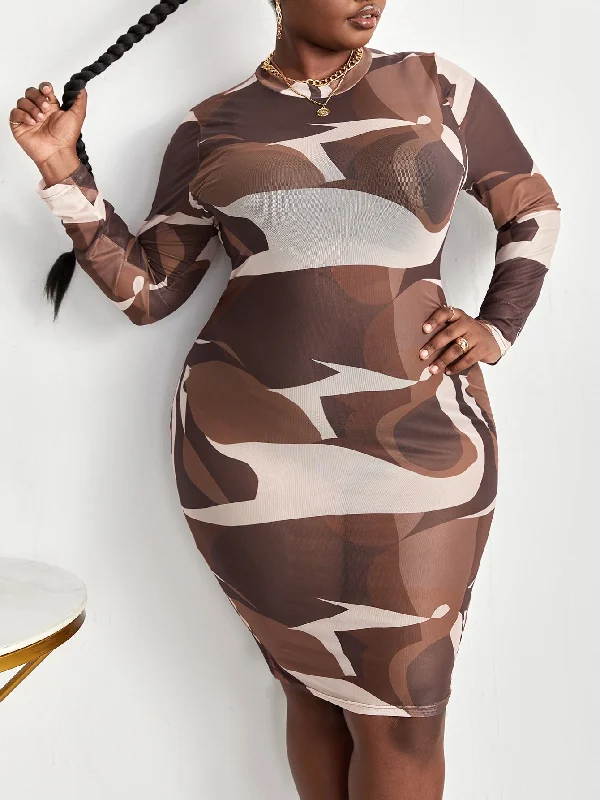Design sense Sexy Graphic Sheer Long Sleeve Round Neck Pencil Natural Knee Length Plus Size Dress Design sense Sexy Graphic Sheer Long Sleeve Round Neck Pencil Natural Knee Length Plus Size Dress