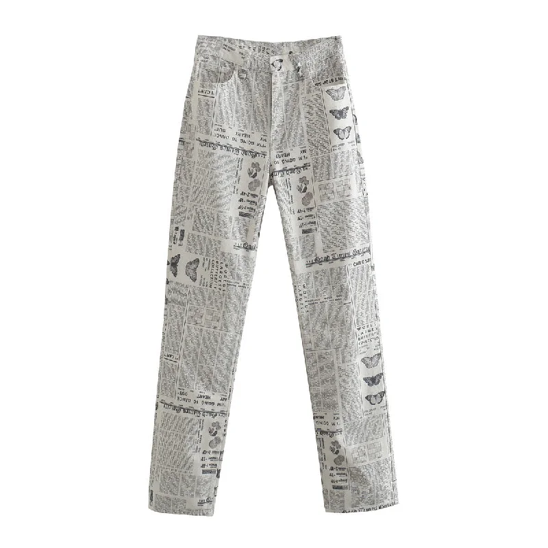 Bright Colors Newspaper Print Fashion Women Slim Denim Trousers Straight Jeans Wholesale