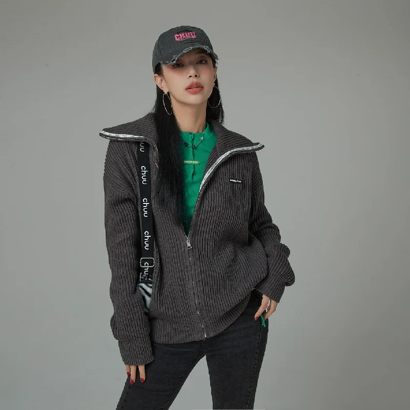 Comfortable Fashion Ribbed Zip-Up Knit Cardigan