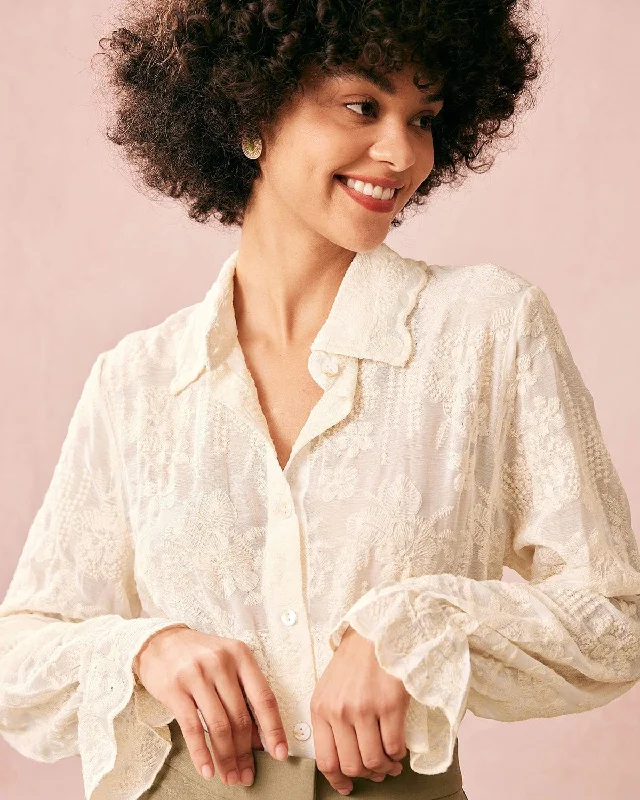 Moisture wicking The Beige Lapel Embroidery Long Sleeve Blouse