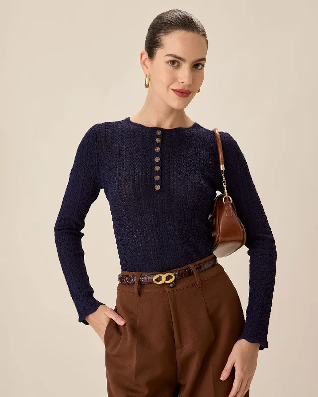 Casual And Casual Navy Round Neck Slim Sweater