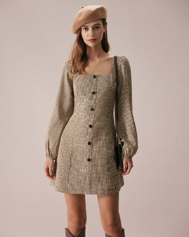 Urban Style The Khaki Square Neck Plaid Button Mini Dress