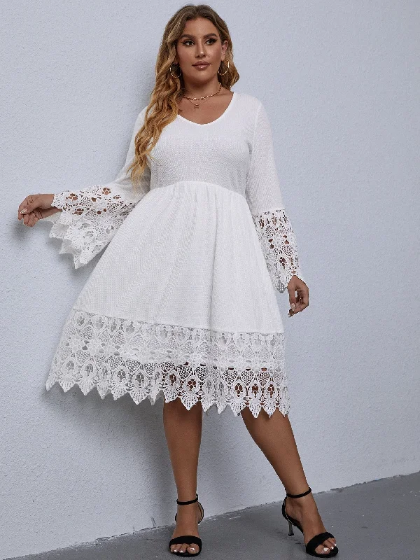 High-end atmosphere Elegant Plain Contrast Lace Long Sleeve V Neck Flared High Waist Midi Plus Size Dress High-end atmosphere Elegant Plain Contrast Lace Long Sleeve V Neck Flared High Waist Midi Plus Size Dress