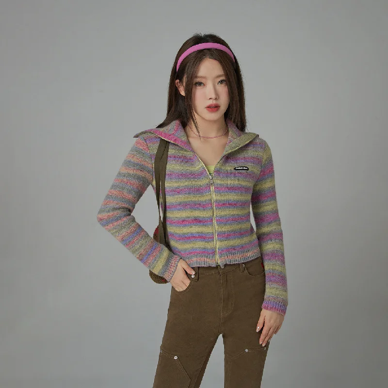 Energy Plan Rainbow Striped Zip-Up Knit Cardigan