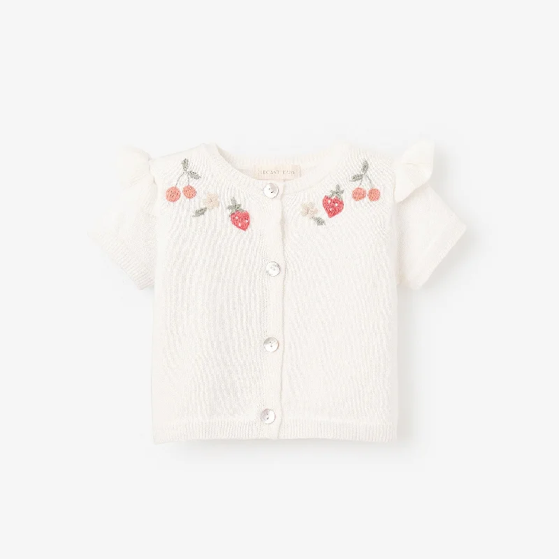 Comfy Pants Strawberry Flutter Sleeve Hand-Embroidered Baby Cardigan