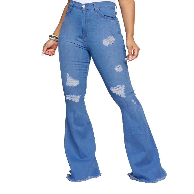 Classic Style Women Destroyed Flare Jeans Elastic Waist Bell Bottom Frayed Hem Wholesale Denim Pants Classic Style Women Destroyed Flare Jeans Elastic Waist Bell Bottom Frayed Hem Wholesale Denim Pants