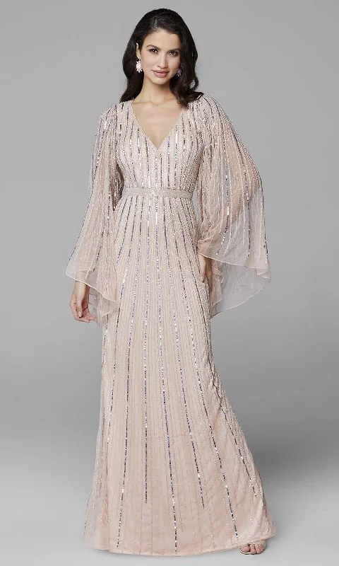 Slightly Flared Design Primavera Couture - 3672 Sequined Long Bell Sleeve Sheath Dress Slightly Flared Design Primavera Couture - 3672 Sequined Long Bell Sleeve Sheath Dress