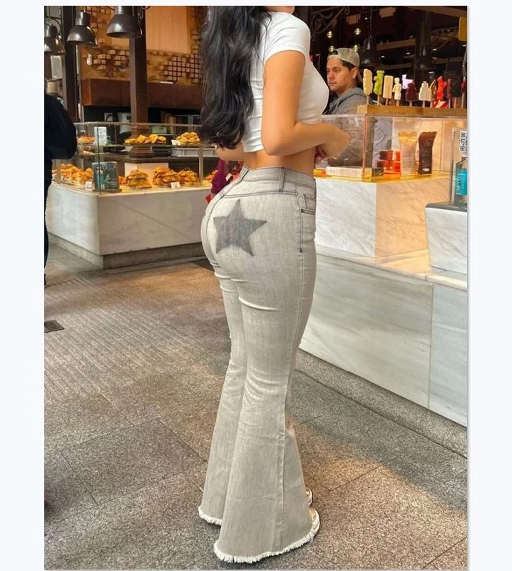 Retro Design Fashion Street Slim Fit Denim Jeans Summer Low Waist Pentagram Printed Bell-Bottoms Women Sexy Flared Jeans Retro Design Fashion Street Slim Fit Denim Jeans Summer Low Waist Pentagram Printed Bell-Bottoms Women Sexy Flared Jeans