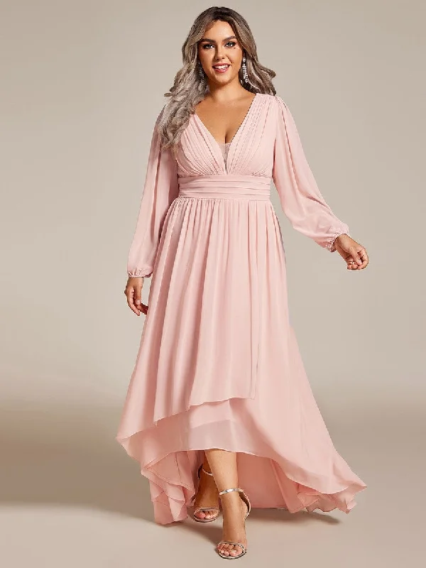 New Products Plus Size V-Neck Long Lantern Sleeves A-Line Chiffon Bridesmaid Dress