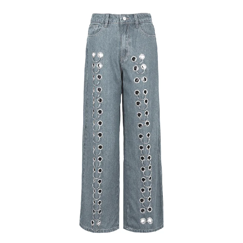 Elegant Series Bettergirl 2023 Autumn New Personalized Design Sense Corns Hoop Decorated Jeans Hollow-out Loose Straight Trousers