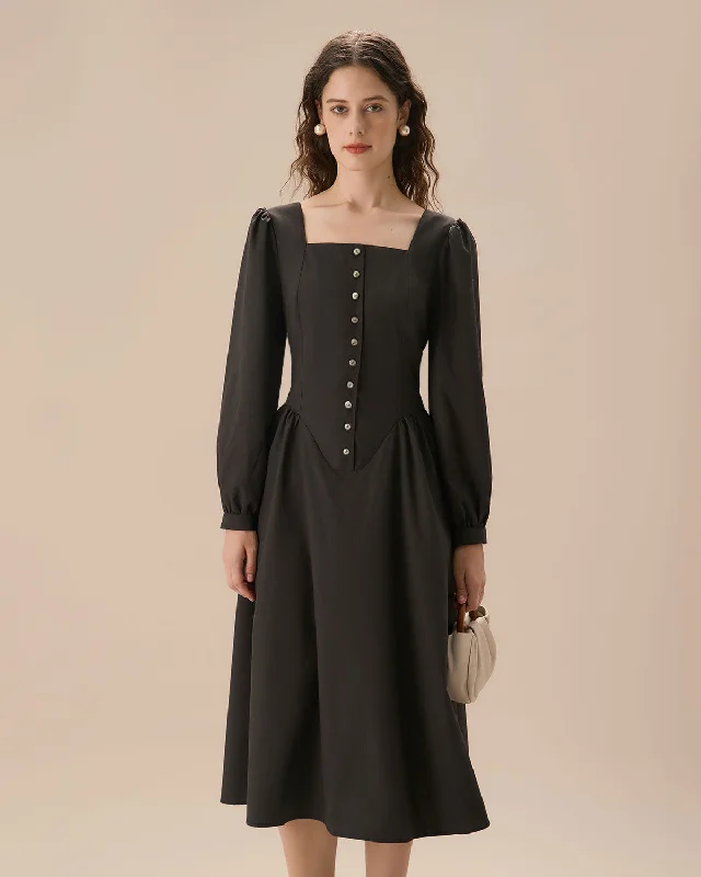 Minimalism Black Square Neck Puffed Sleeve Midi Dress